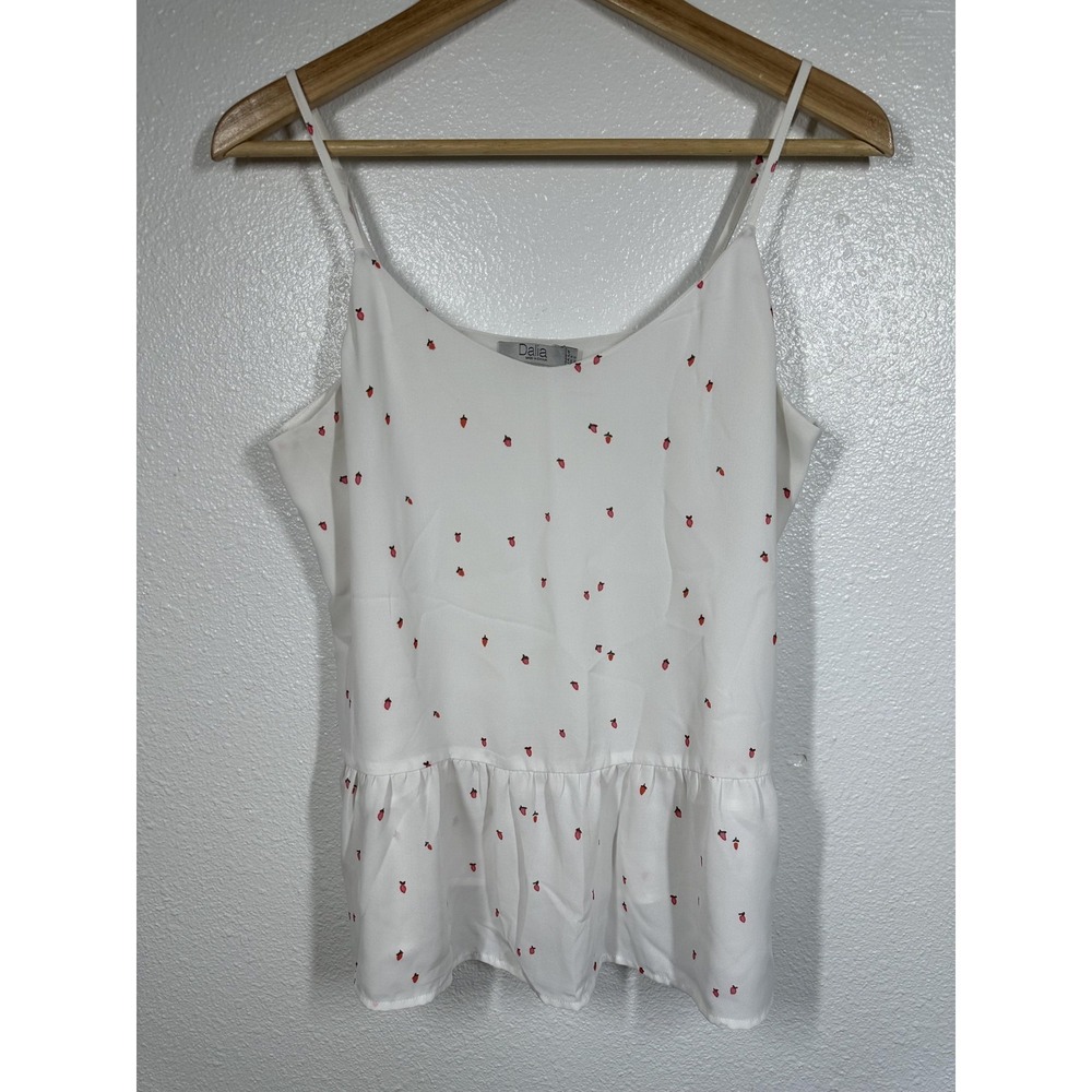 Dalia Tank Top Womens Small White Strawberry Print Sleeveless Peplum Blouse Cami